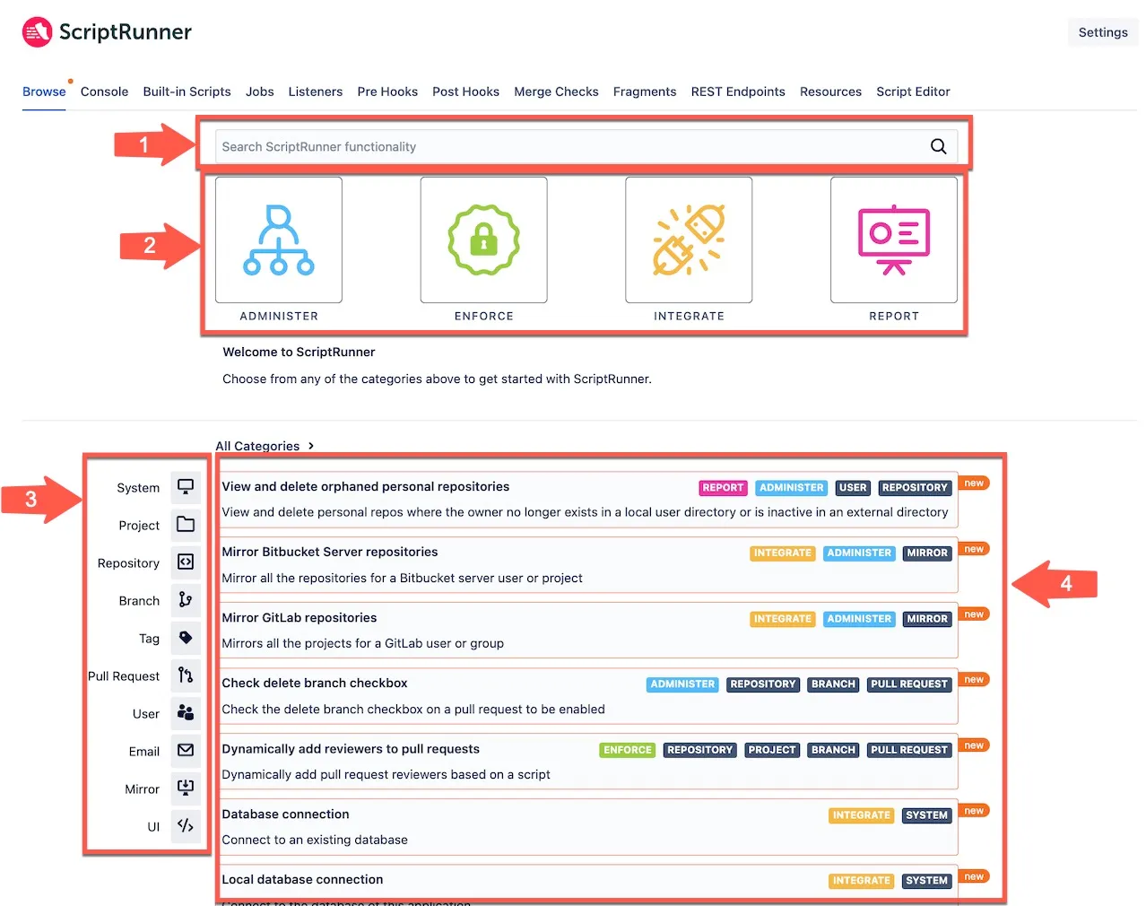 Browse page showing search bar, categories list, filters panel, and script descriptions