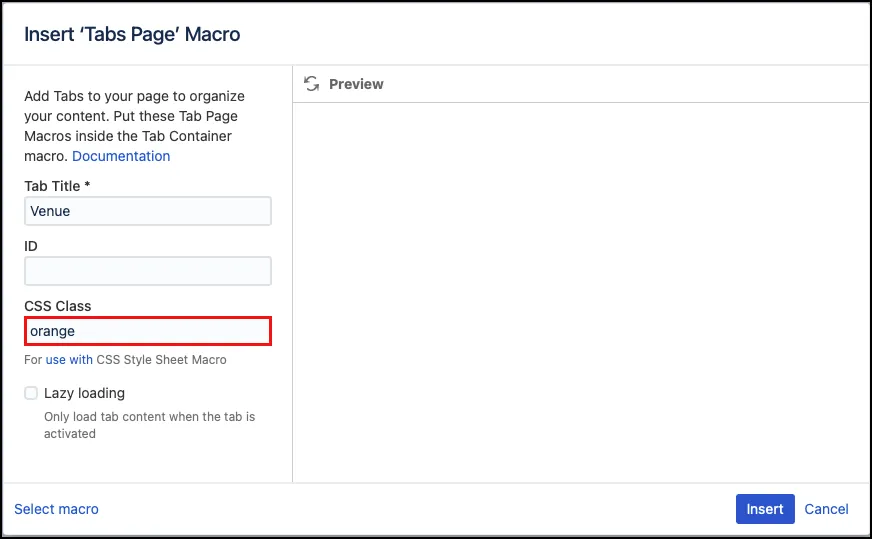 Tab editor dialog showing the CSS Class field set to "orange" for a tab macro