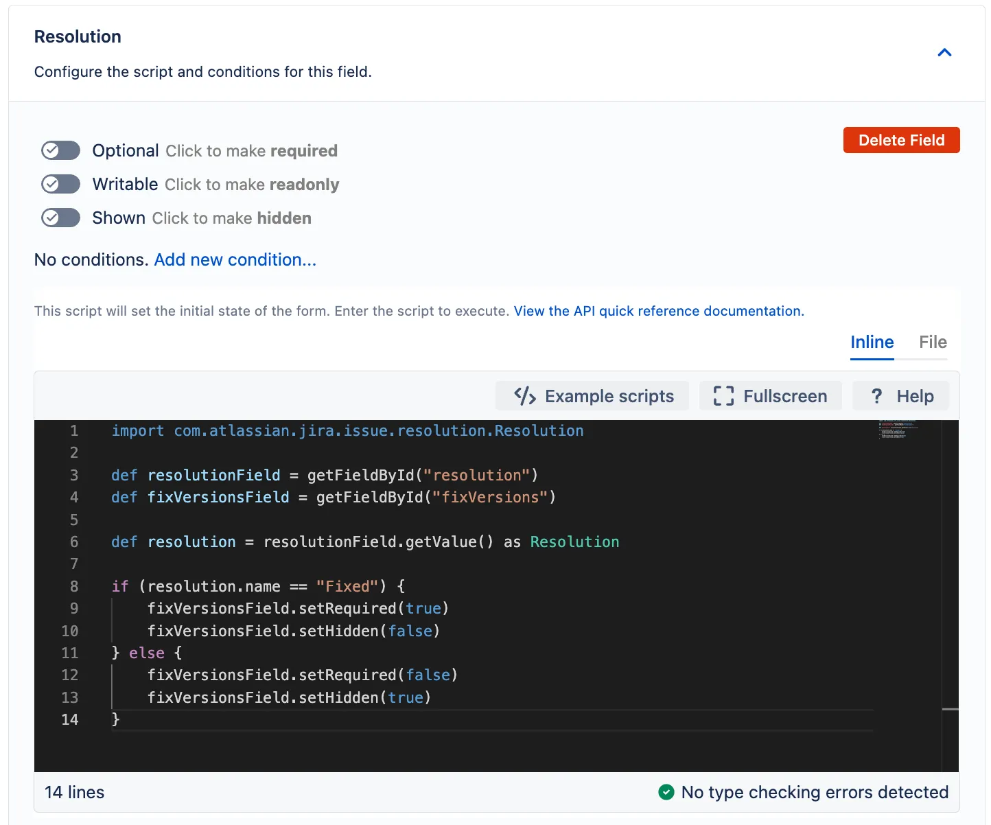 Code editor with the Fix Version/s script entered.