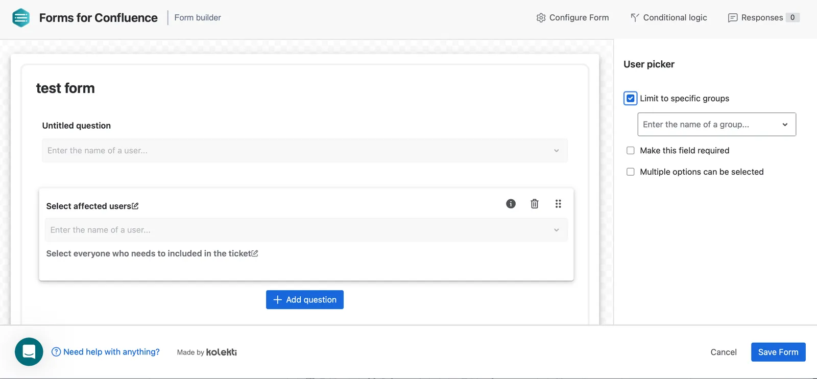 Form Builder user picker configuration showing options for limiting to specific groups, making the field required, and allowing multiple users to be selected