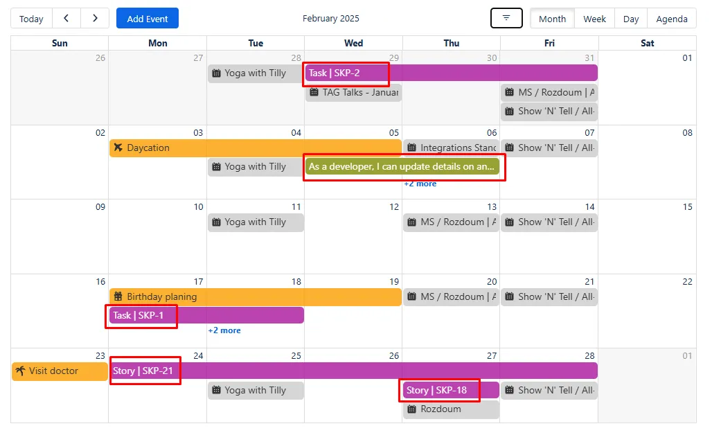 Calendar configuration dialog showing options to customize the issue title display format