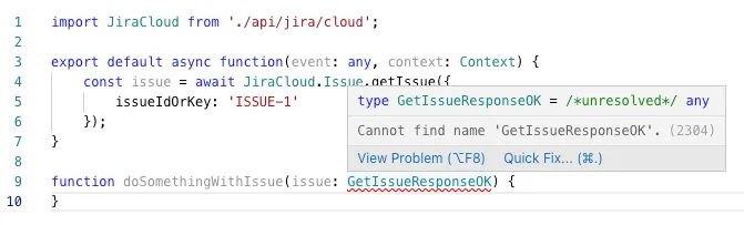Code snippet showing an error in TypeScript with red underline on GetIssueResponseOK.