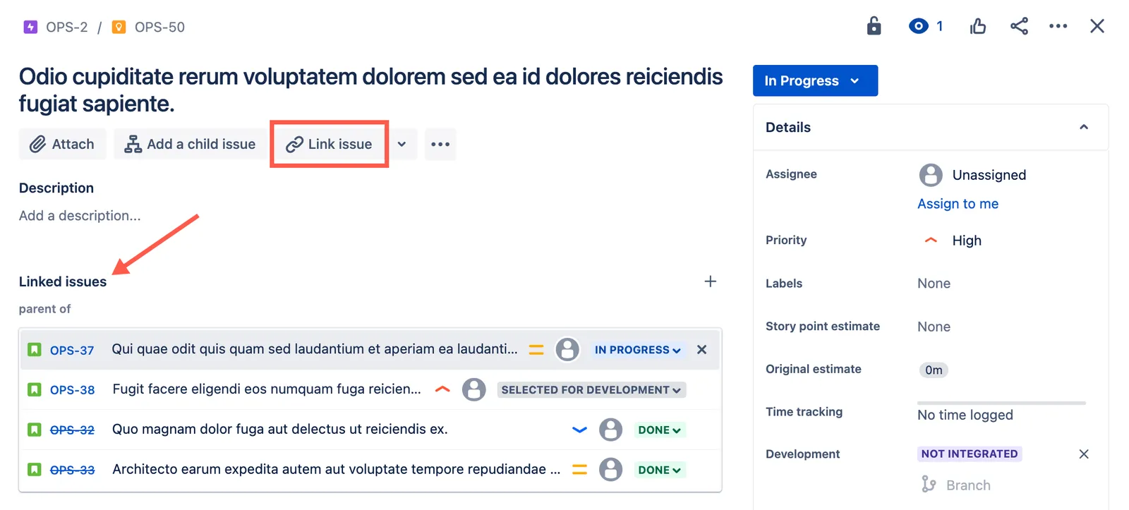 A screenshot showing the Link Issue dialog where you can add a parent-of or child-of relationship between issues.