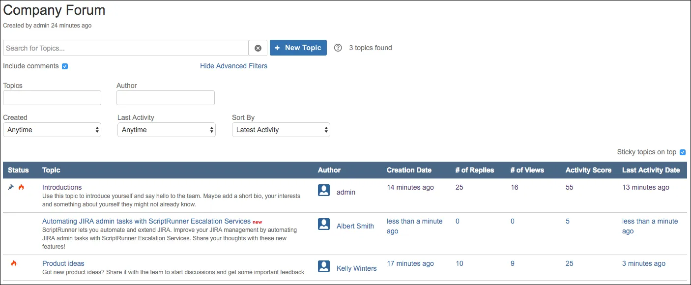 The Forum Advanced Configuration screen showing options for topic display, pagination, and sub-forum settings.