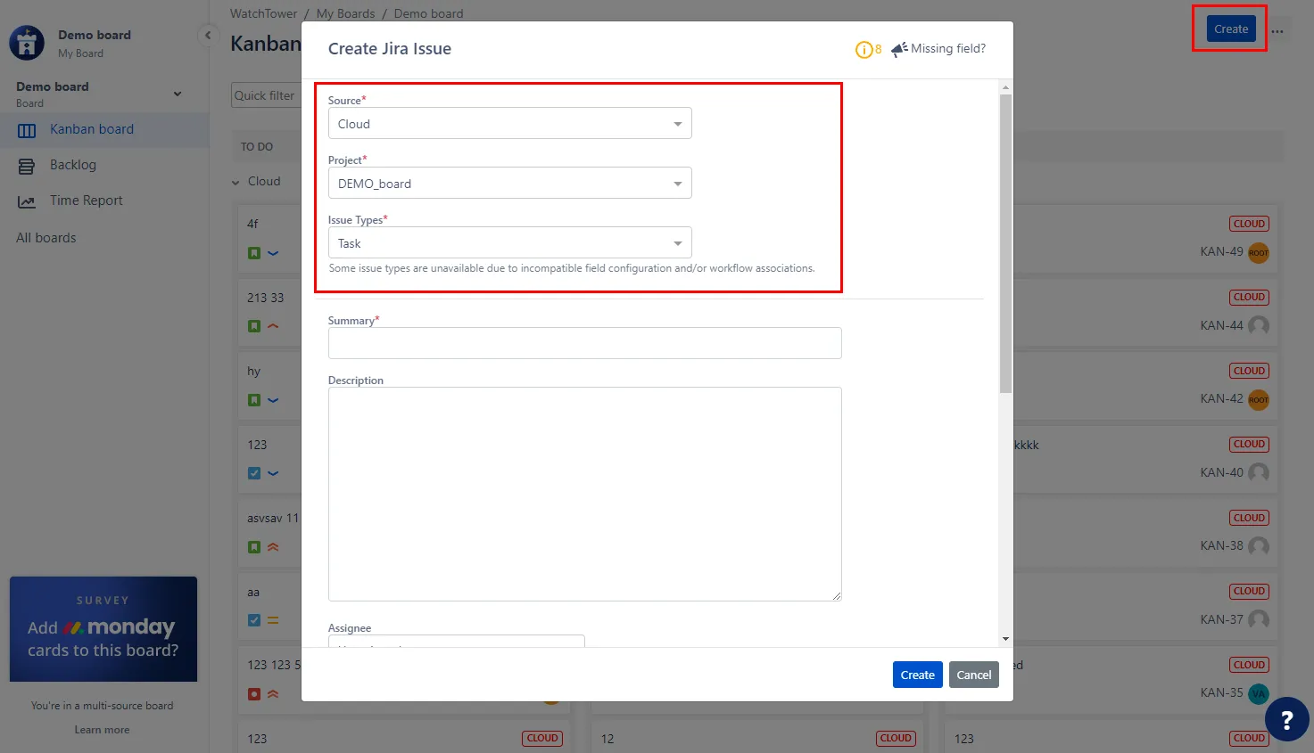 Image showing the creation of a jira issue