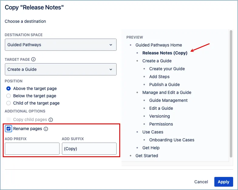 Copy page screen with rename page section highlighted.