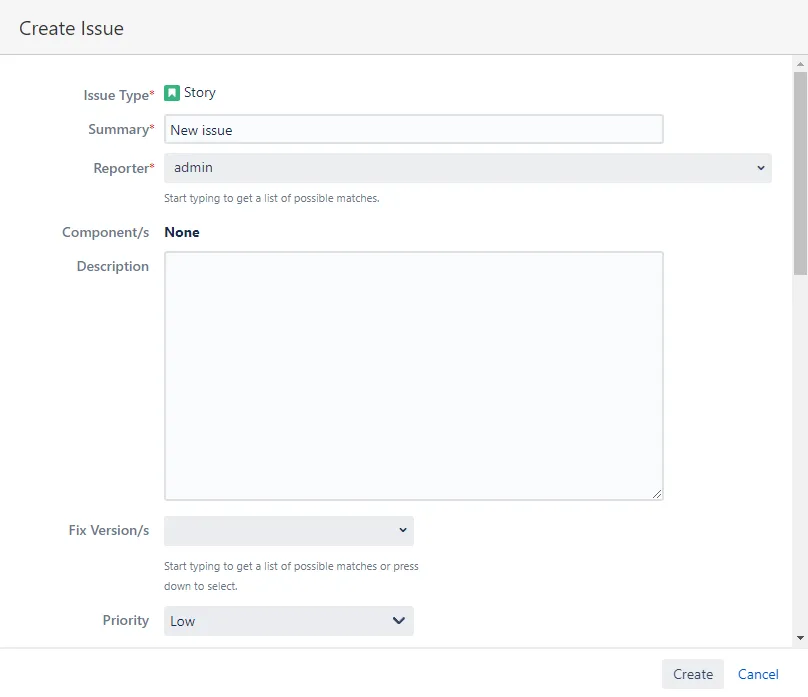 Create issue dialog in Confluence showing fields for project, issue type, summary, description, and other Jira issue details