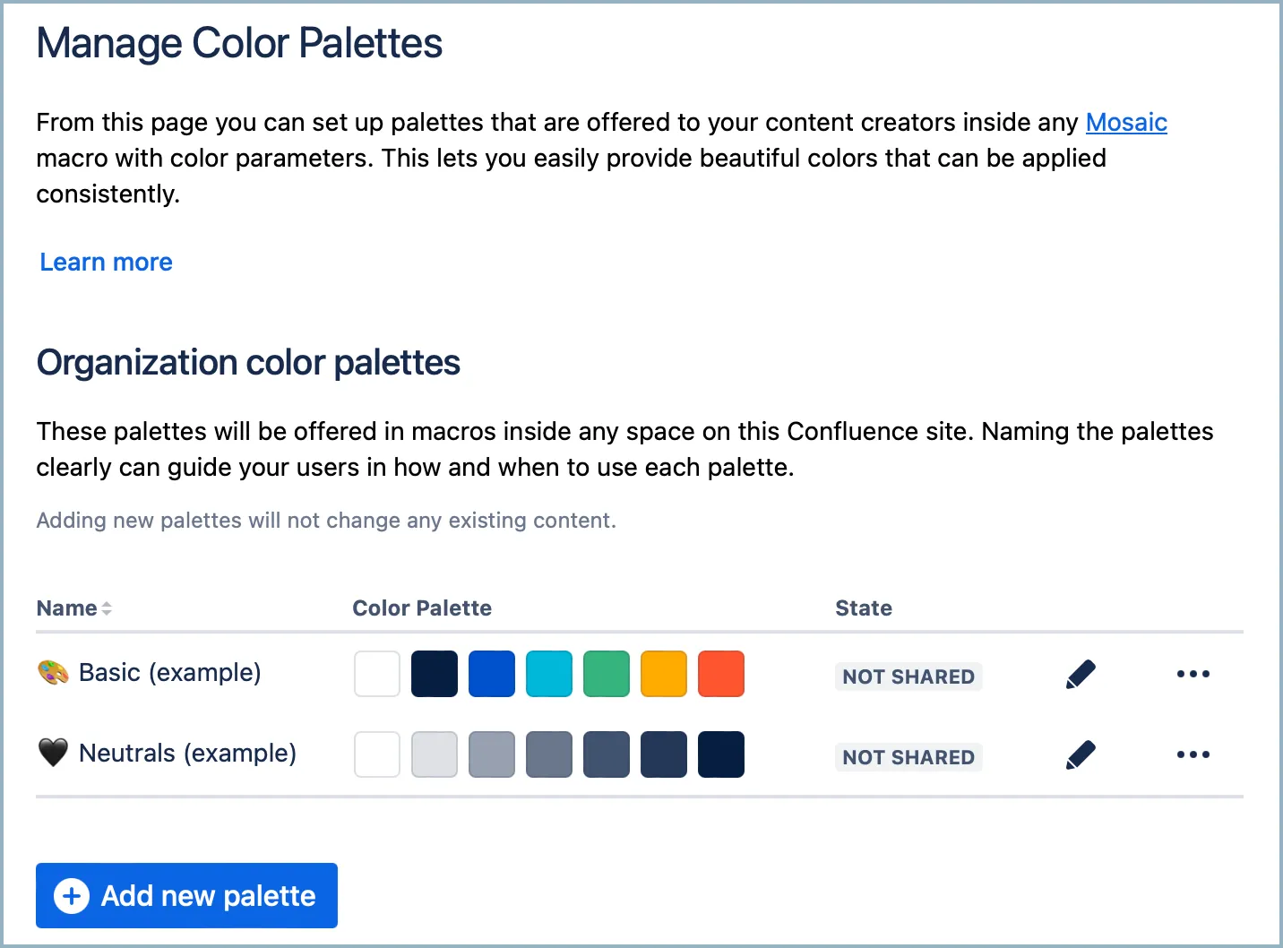 Manage color palette page.