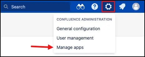Confluence Manage apps option highlighted in the top navigation to open the apps administration page.