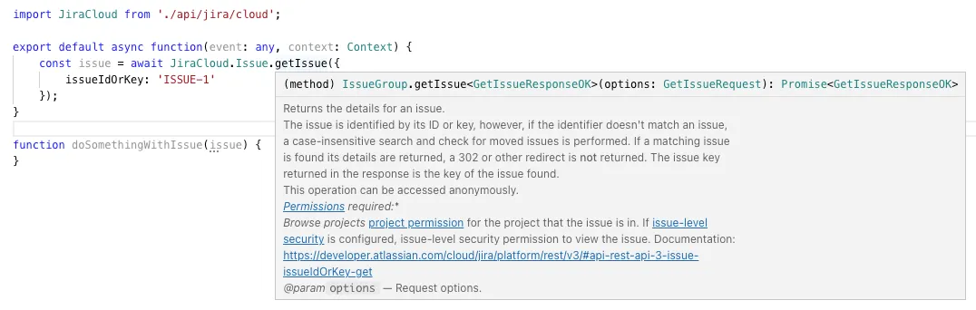 Code snippet showing how to fetch an issue from Jira using Node.js. It includes an async function call and method details with a tooltip describing parameters and permissions.