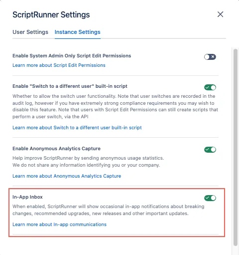 Image highlighting the in app inbox setting