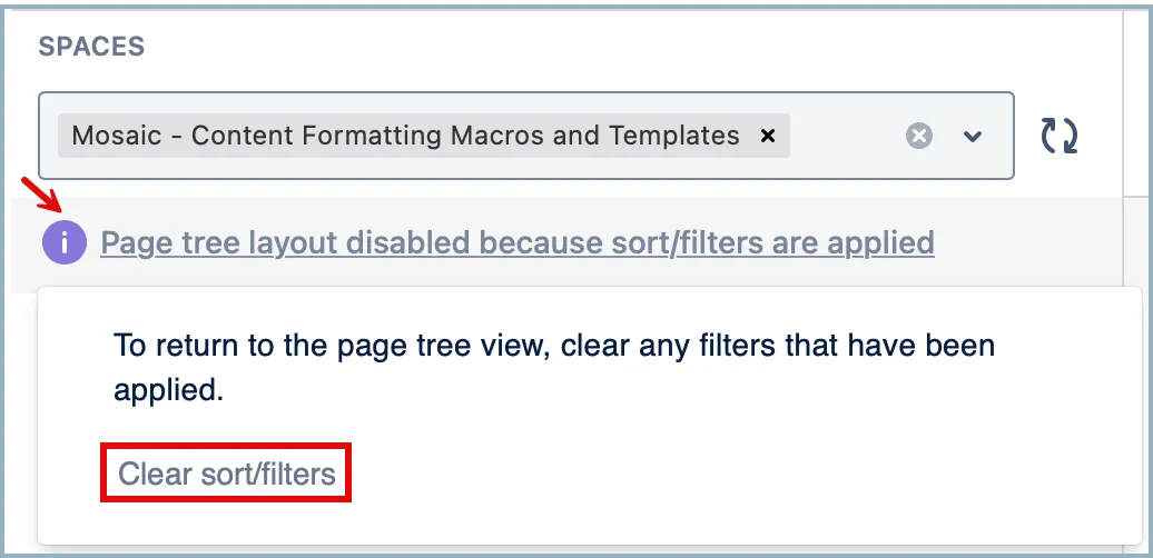 Quick Search panel showing the Clear sort/filters button highlighted below the space list