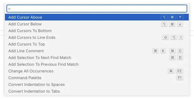 A dropdown menu with programming command options, such as Add Cursor Above, Add Line Comment, and Convert Identation to Tabs.