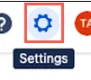 Confluence settings menu highlighted in the top-right navigation bar
