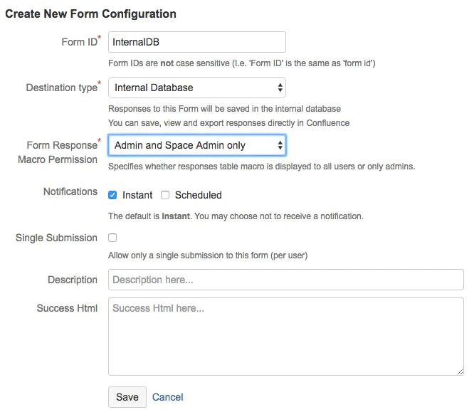Confluence Forms for Confluence configuration screen showing a ScriptRunner Form ID and an Internal Database Form ID