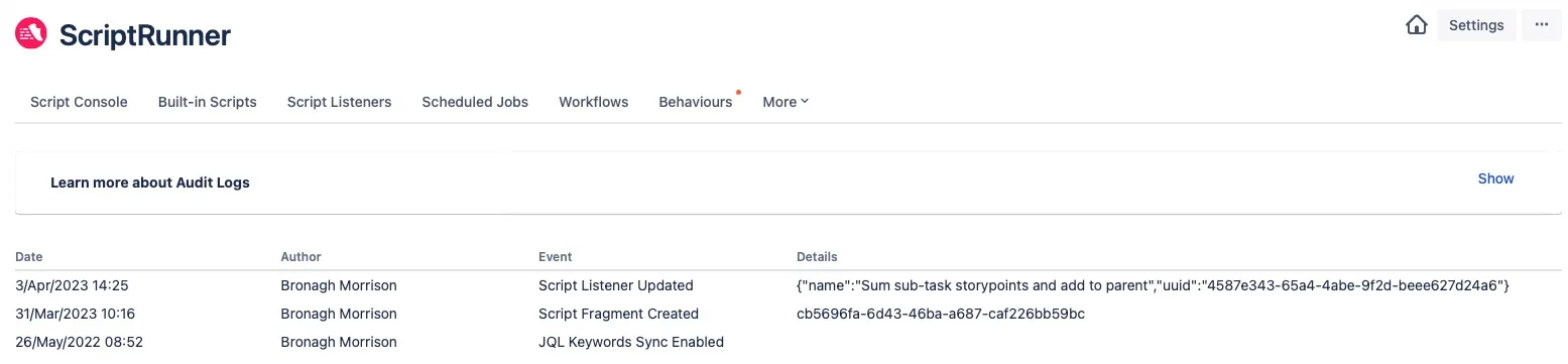 Audit Logs page showing a table of ScriptRunner events with columns for Date, Author, Event, and Details.