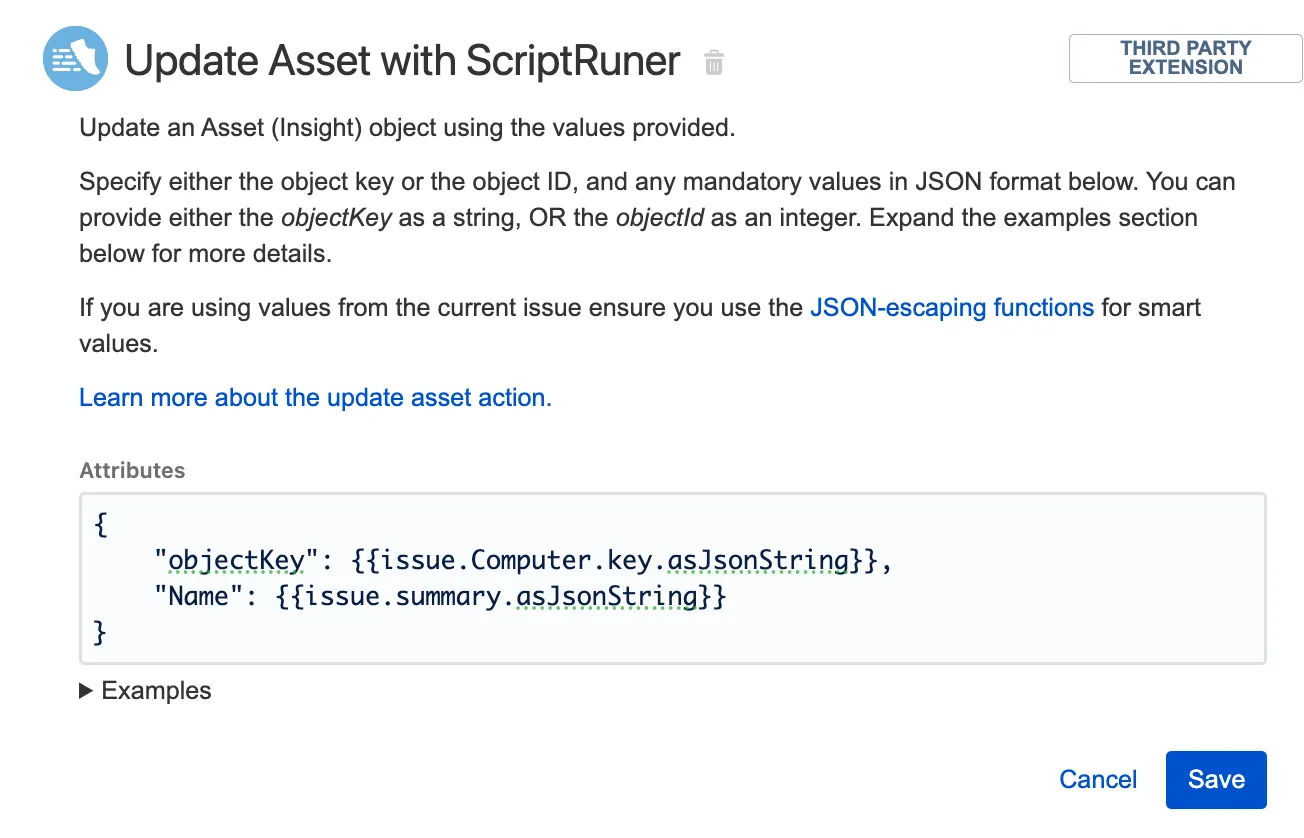 Automation for Jira Update Asset with ScriptRunner configuration showing JSON attributes entered for the Computer Assets custom field