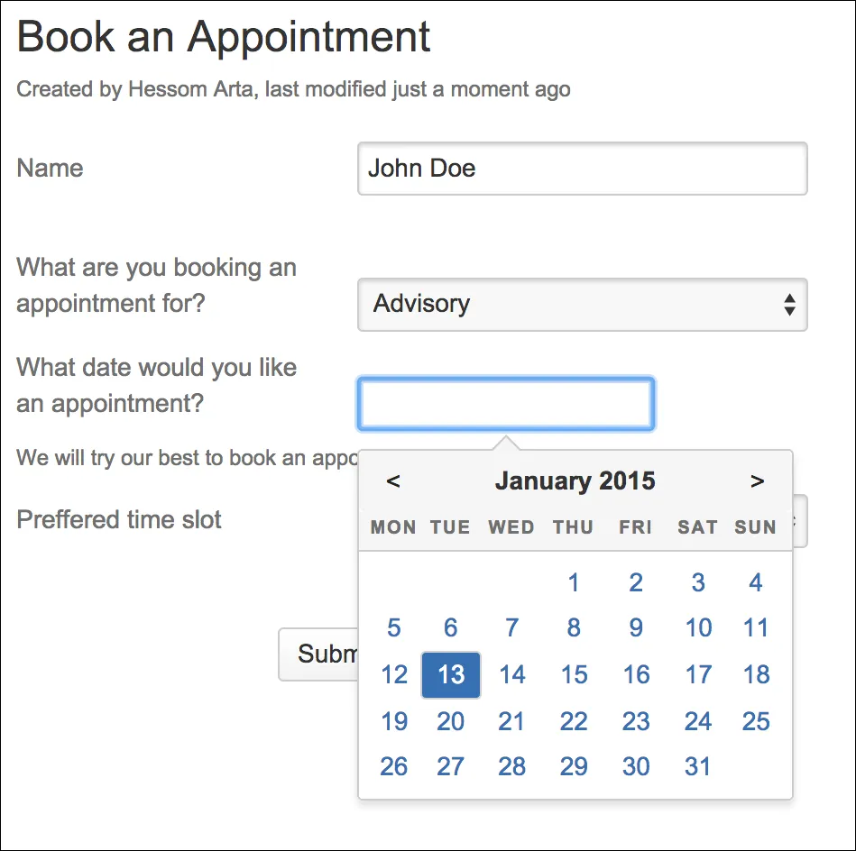 Rendered Forms - Datepicker field showing date selection interface on a Confluence page