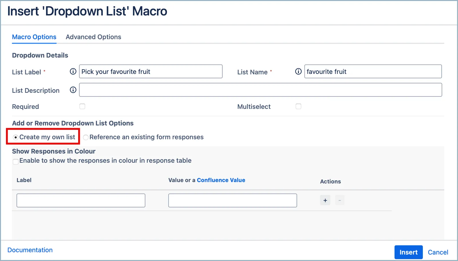 Screen showing the Create my own list option selected before defining custom list labels and values.