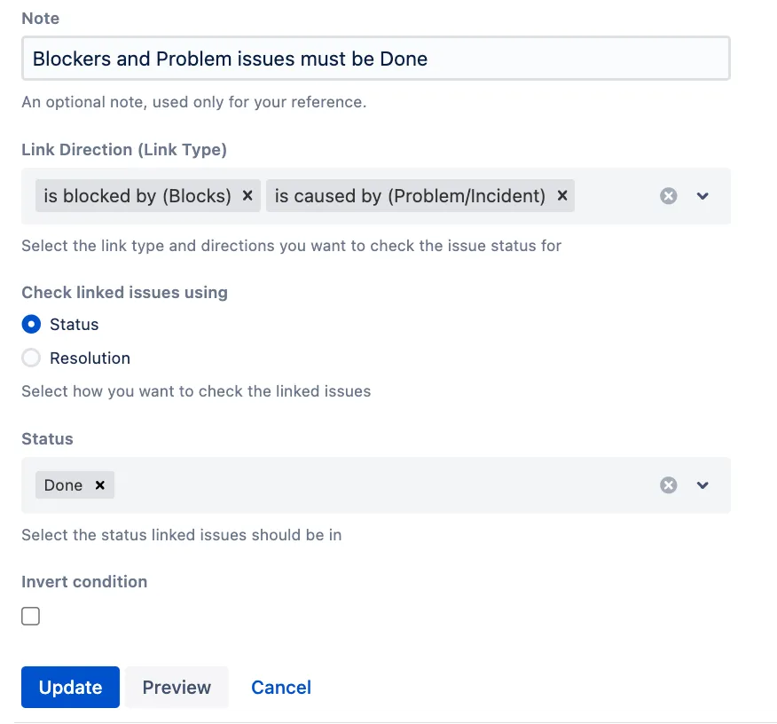 Transition allowed only when linked blocker issues are in Done status