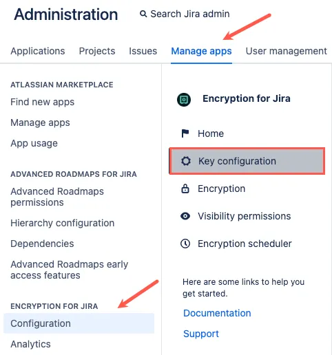 Encryption for Jira navigation showing the Key configuration option selected in the left sidebar