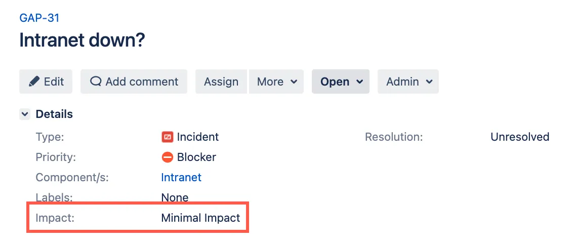 Example of the Impact custom field showing a Critical Impact value on an issue