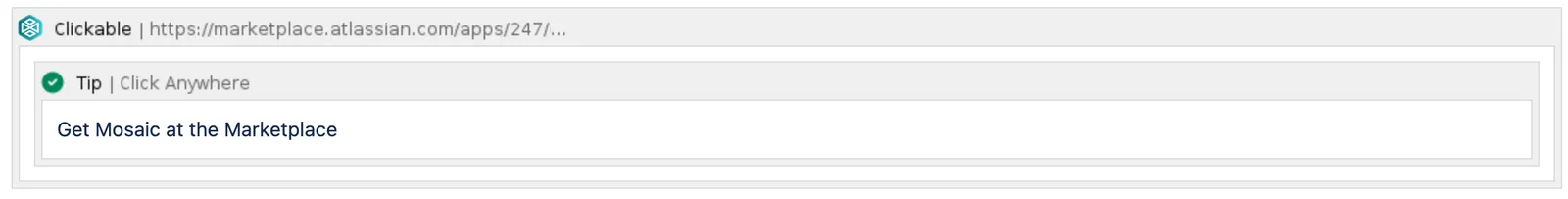 Panel example where the entire panel area, including the whitespace around the content, is clickable, showing the Published Results heading and Get Mosaic at the Marketplace link