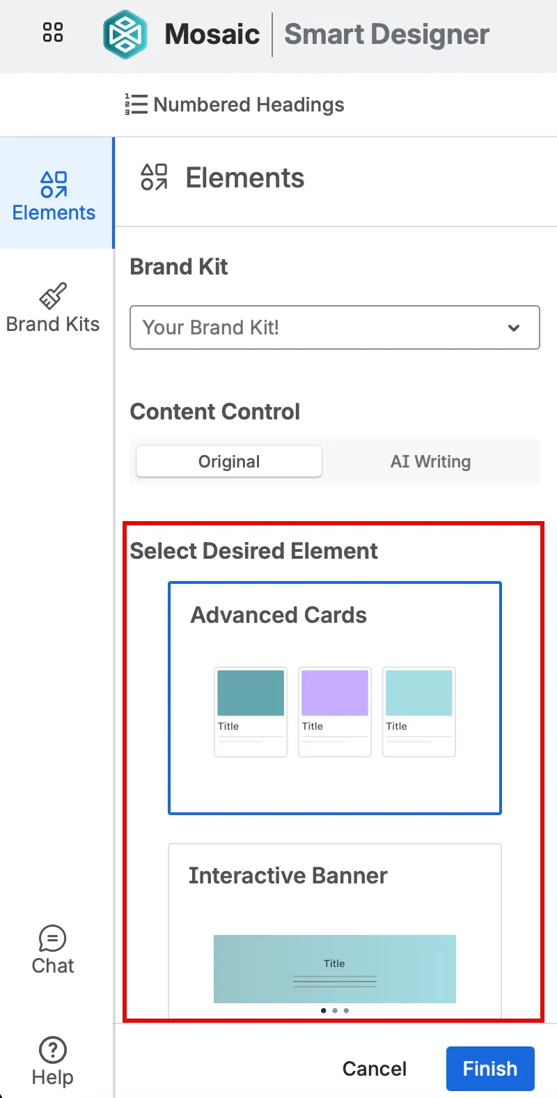 Smart Designer menu showing design options with a selected macro preview below the highlighted content