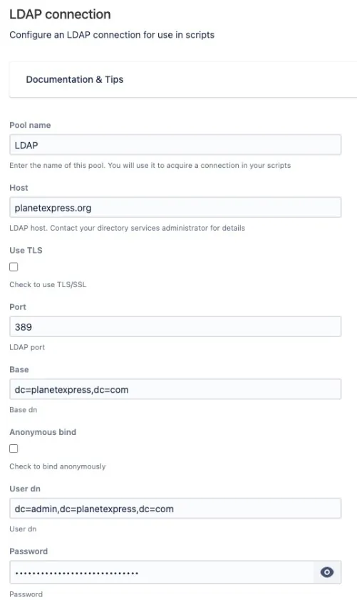 The LDAP Connection configuration form in ScriptRunner Resources.
