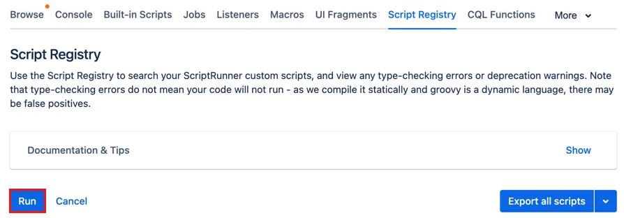 The Run option highlighted in the Script Registry.