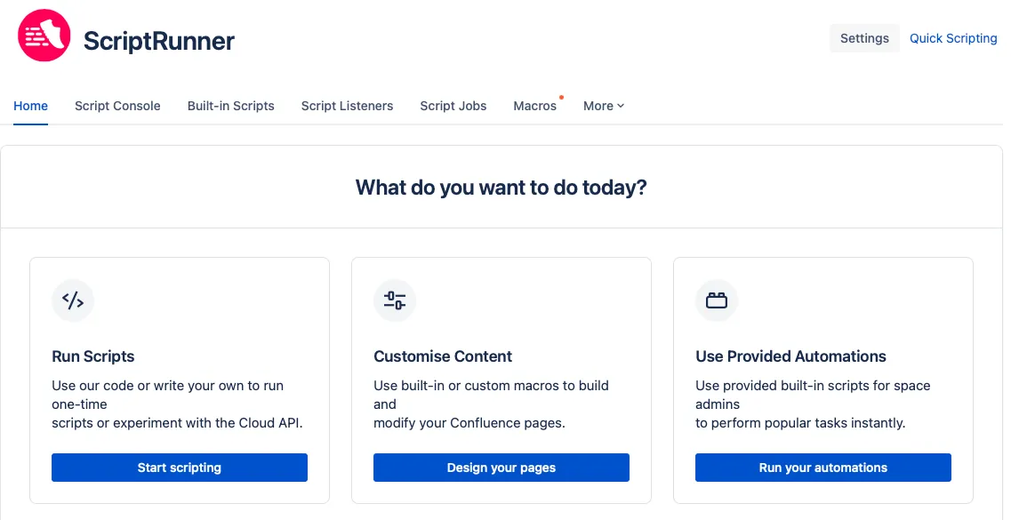 The ScriptRunner homepage.