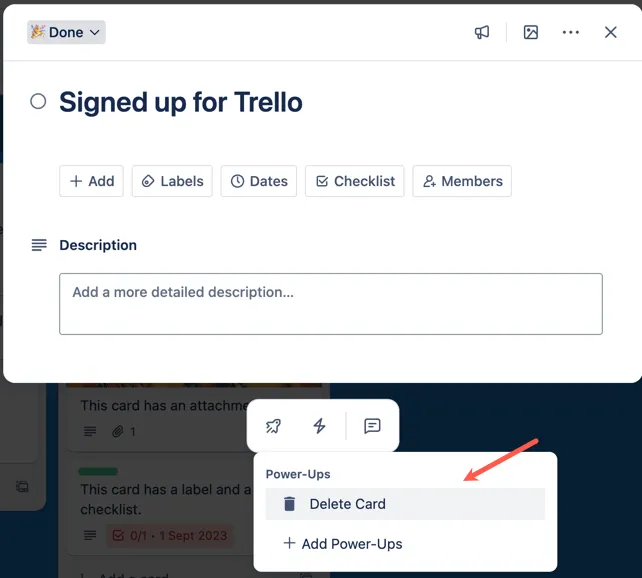 Trello card menu showing the Card Delete power-up option to permanently delete a card