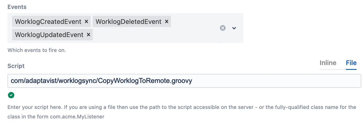 Remote control event listener script shown in the Jira console, illustrating how worklog create, update, and delete events are synchronized between Jira instances.