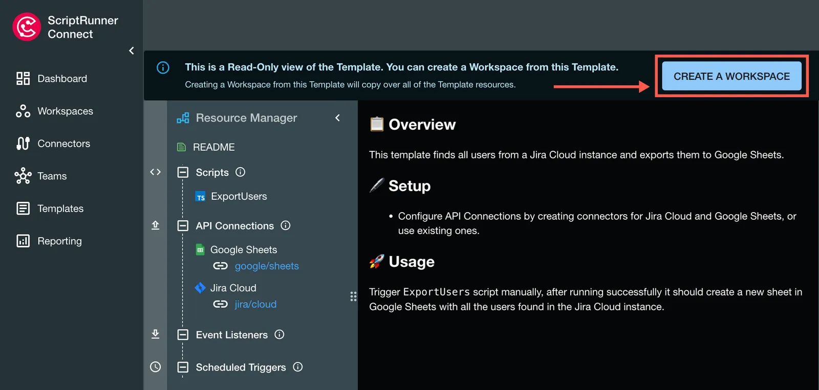 The Create a Workspace option highlighted in the Resource Manager window.
