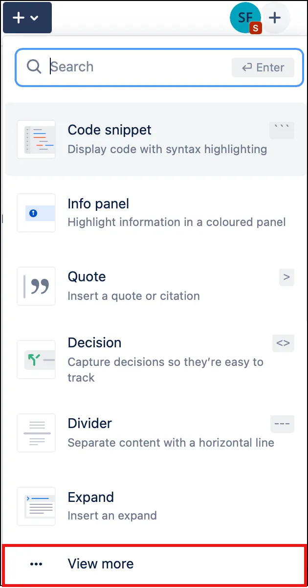 Confluence editor showing the Insert menu with View more selected to open the macro browser