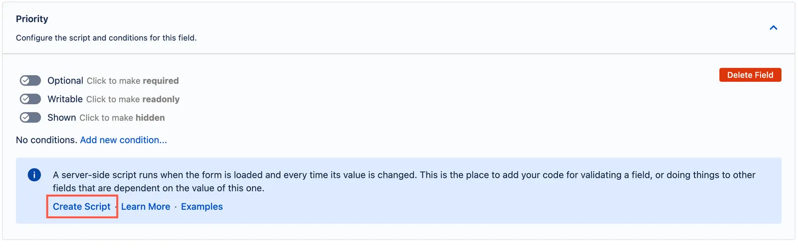 Priority field configuration with Create Script option