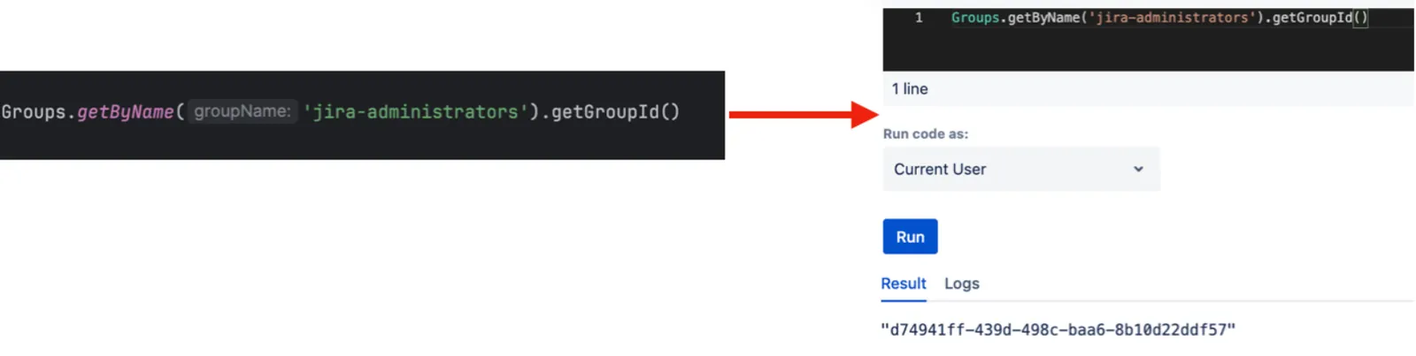 Group ID retrieved using the getByName function in the Groups API