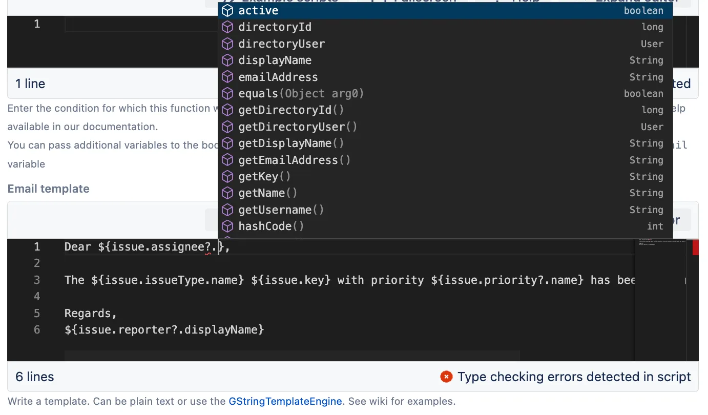 ScriptRunner GString template editor showing dynamic email content