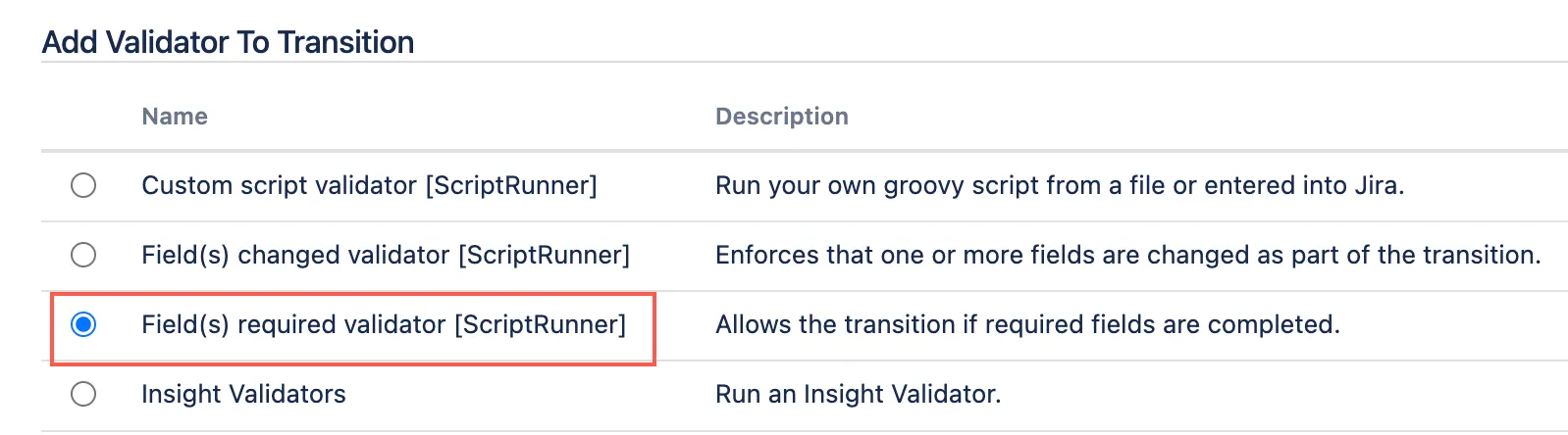 Field(s) required validator selected