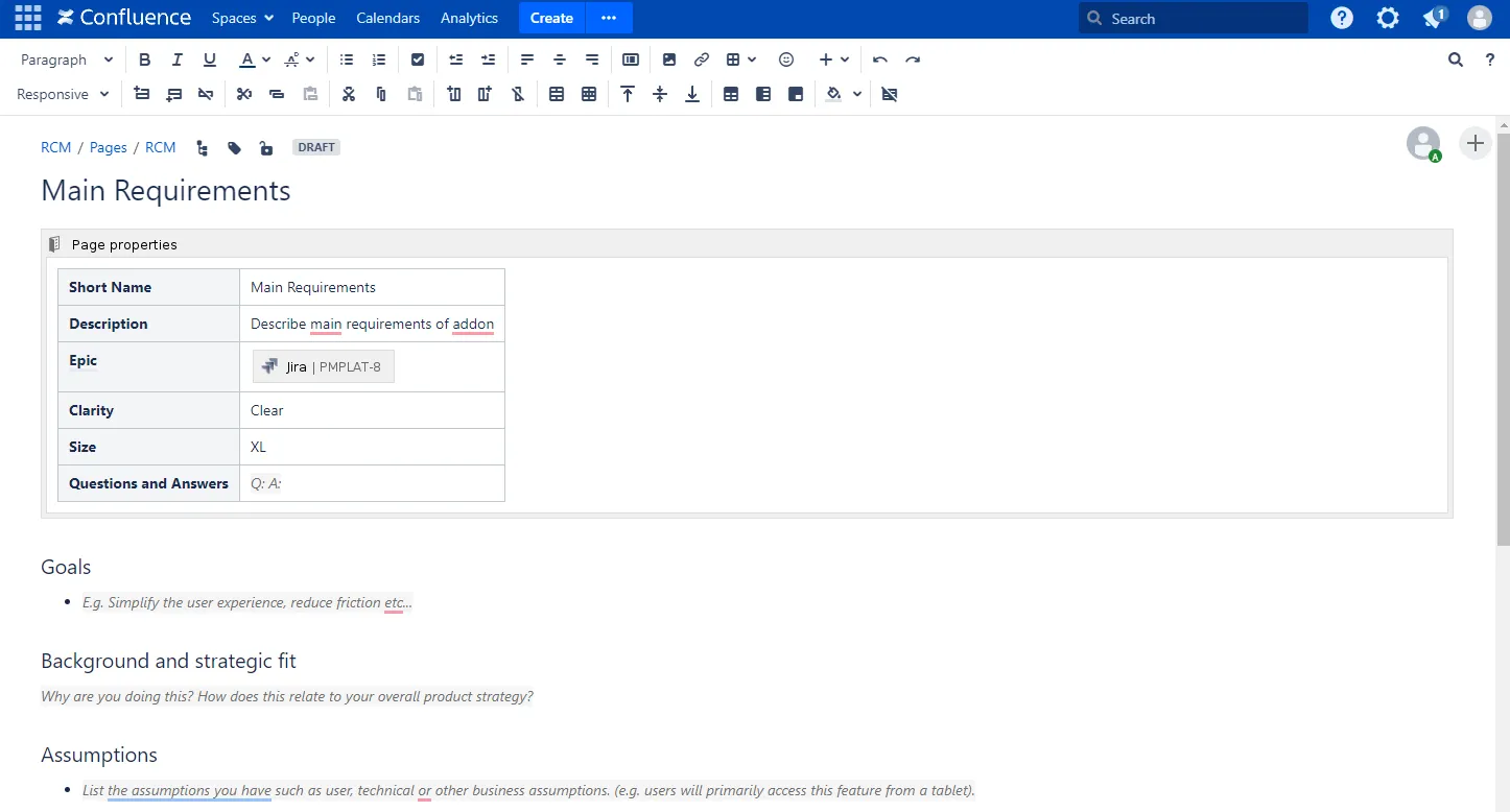 Example Confluence requirement page showing the properties table used for the Requirements Clarity Map