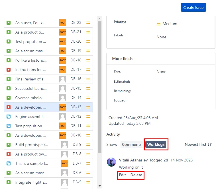 Action menu in the Task Manager for Confluence issue view showing options for managing work logs