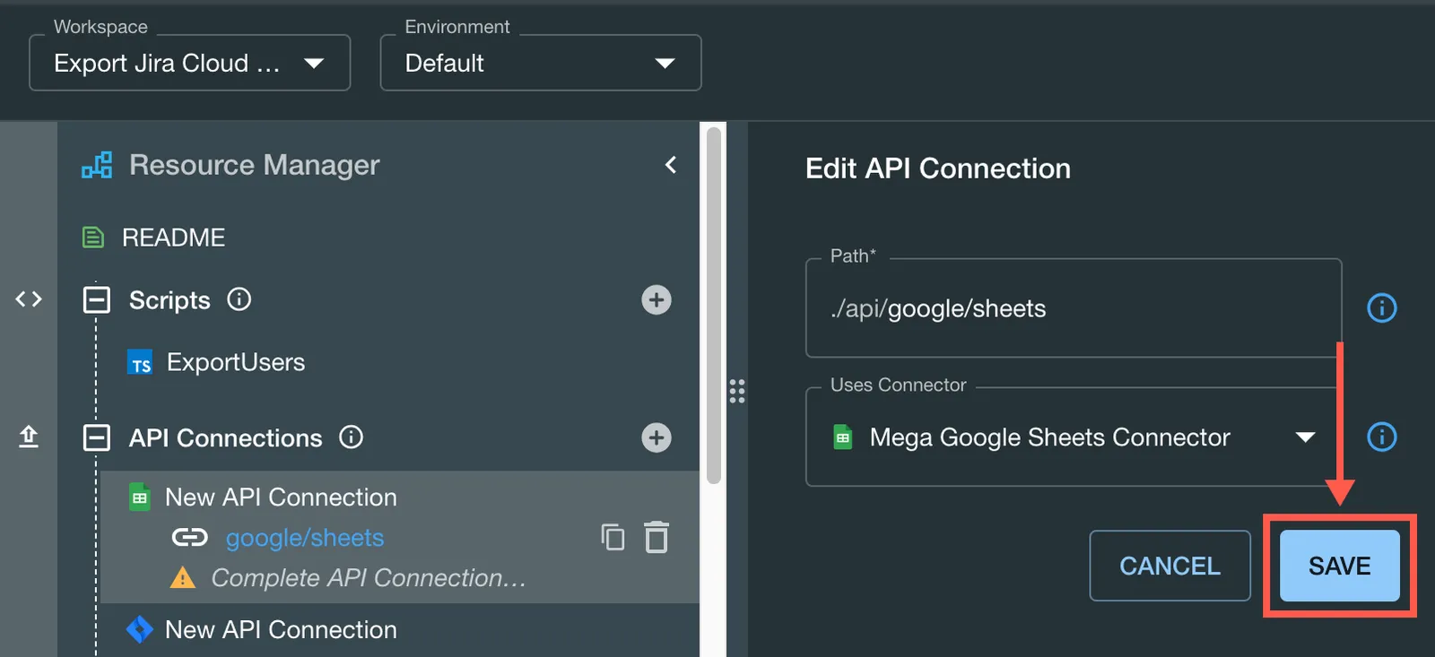 The Save button shown in the Edit API Connection dialog.