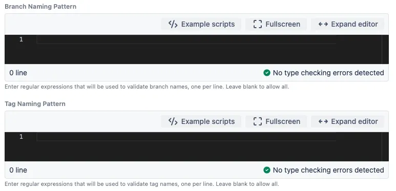 Branch and tag naming pattern configuration fields