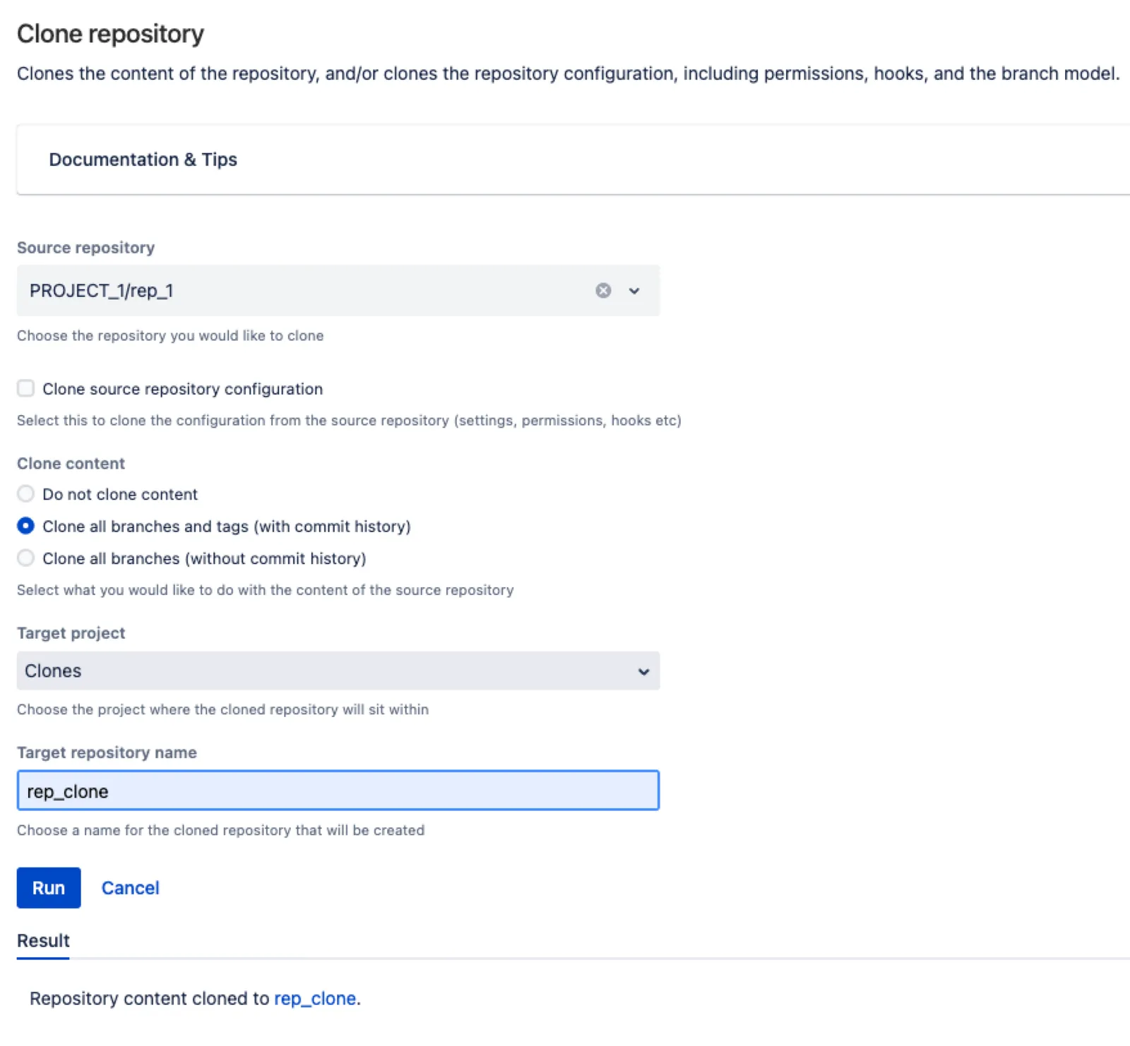 The Clone Repository built-in script form showing source repository, configuration, clone content, and target repository fields.