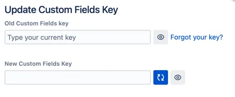 Update Custom Fields Key screen showing Old Custom Fields key and New Custom Fields Key fields with options to generate and save a new key
