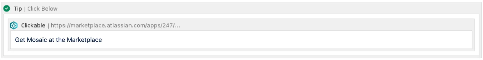Panel example where only the text inside the panel is clickable, showing the Published Results heading and Get Mosaic at the Marketplace link