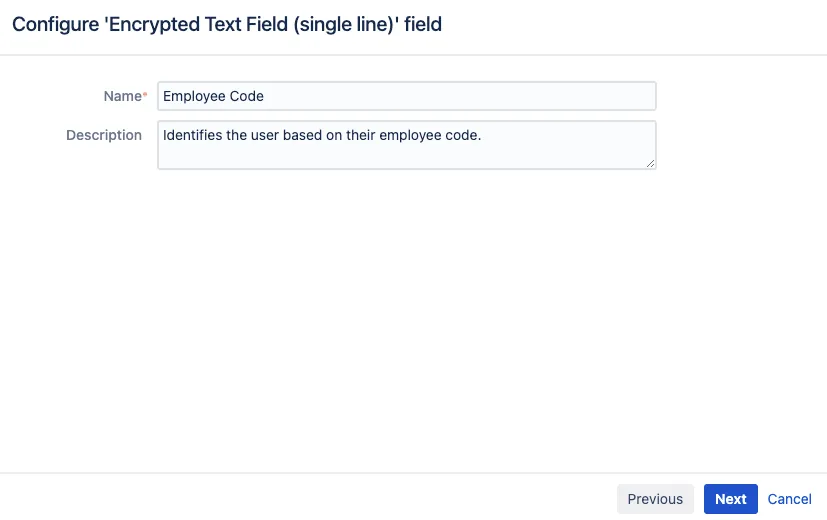 Configuring an encrypted custom field in Jira by entering a Name and optional Description in the Add Custom Field dialog