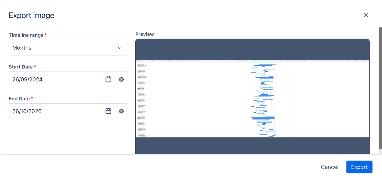 A screenshot showing the Export image modal with input boxes for Timeline range, Start Date, and End Date, and a Preview window showing what the output will look like.