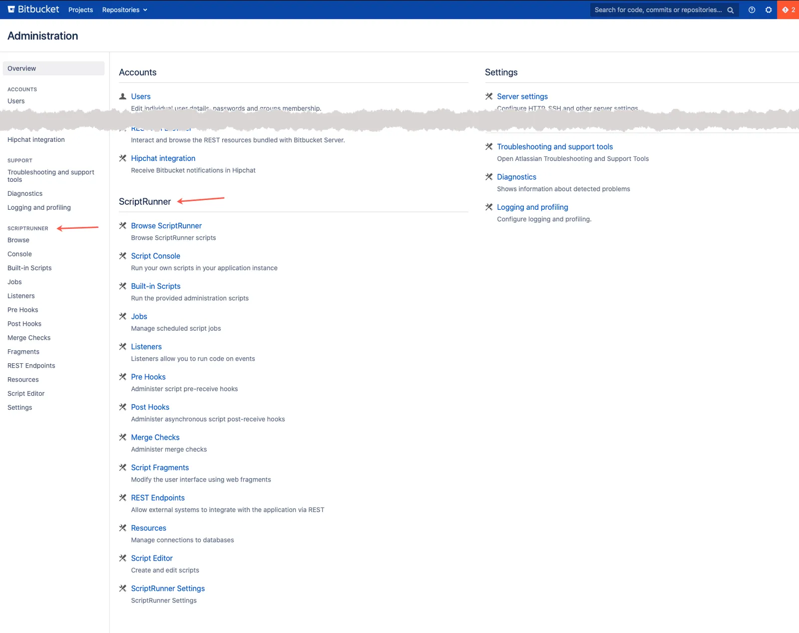 Administration screen showing ScriptRunner for Bitbucket in the left navigation and main pane