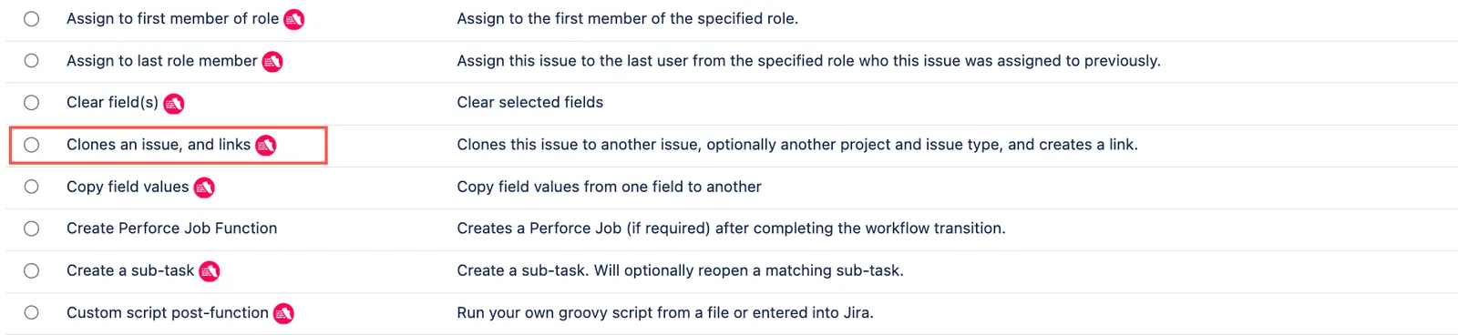 Clones an issue and links post function selected.